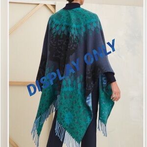 Paisley Poncho open Cape Trend Jacquard w fringed hemline green navy/one size